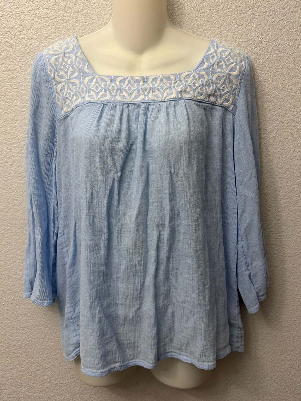 New Direction Blue Embroidered Square Neck Top Size M